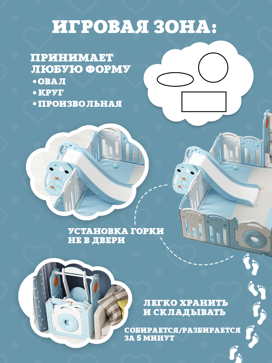 Игровая зона Floopsi Сладкий голубой пончик и мороженое (223*218*62 см), Большой детский игровой комплекс из пластика с ковриком, горкой